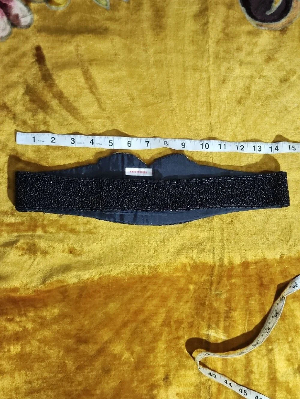 Vintage Black Beaded Belt with Gold & Blue Leaf Motif